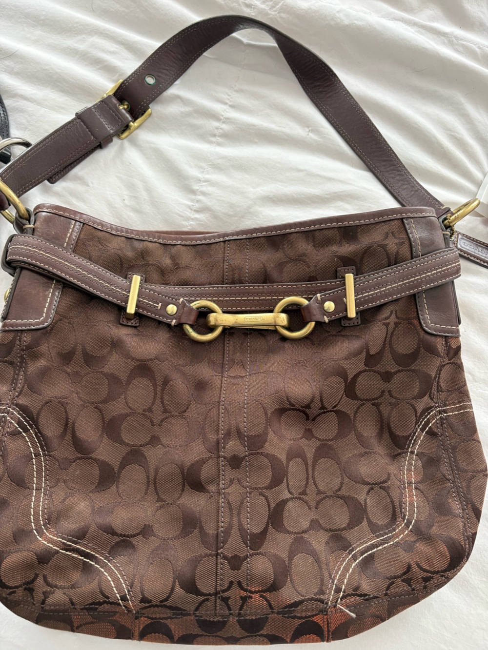 Coach Brown Signature Jacquard Hobo Bag with Brass Hardware